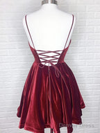 A Line V Neck Short Mini Velvet Homecoming Dresses With Back Tie Design