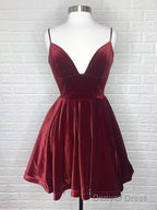 A Line V Neck Short Mini Velvet Homecoming Dresses With Back Tie Design