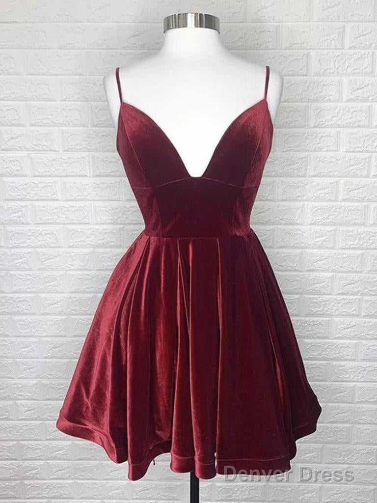 A Line V Neck Short Mini Velvet Homecoming Dresses With Back Tie Design
