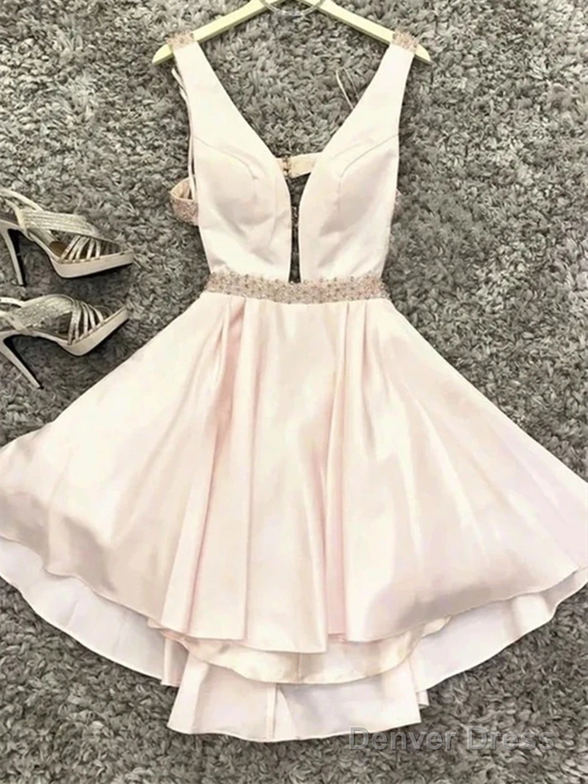 A Line V Neck Short Pink Prom Dresses, Short Pink Formal Graduation Homecoming Dresses Main image