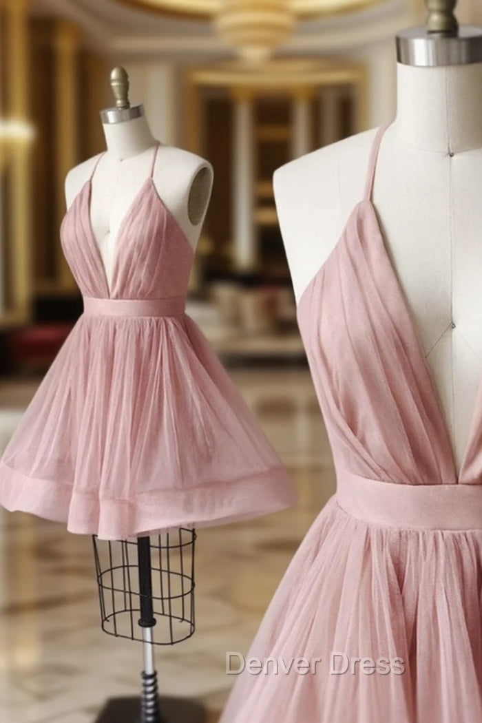 A Line V Neck Short Pink Prom Dresses, Short Pink V Neck Graduation Homecoming Dresses Main image