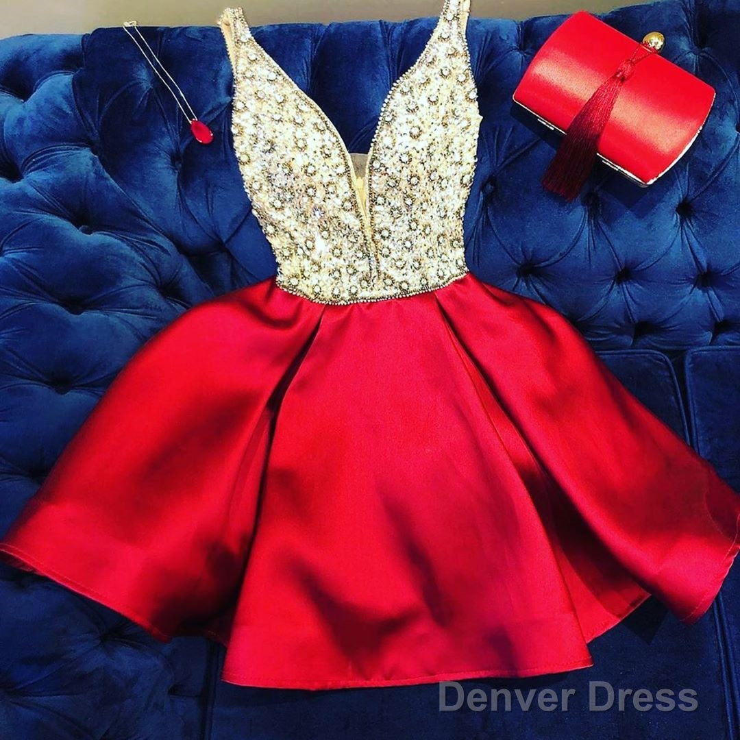 A Line V Neck Short Red Beaded Prom Dresses, Short Red V Neck Formal Homecoming Dresses