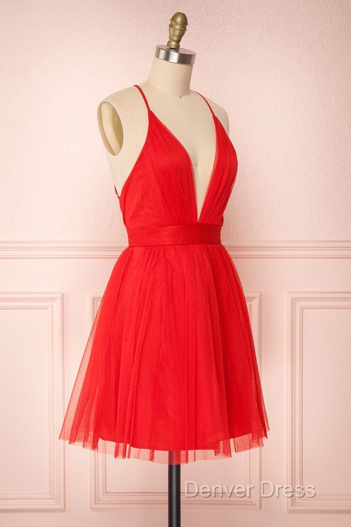 A Line V Neck Short Red/Burgundy Tulle Prom Dress, Short Red/Burgundy Graduation Homecoming Dresses