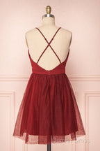 A Line V Neck Short Red/Burgundy Tulle Prom Dress, Short Red/Burgundy Graduation Homecoming Dresses