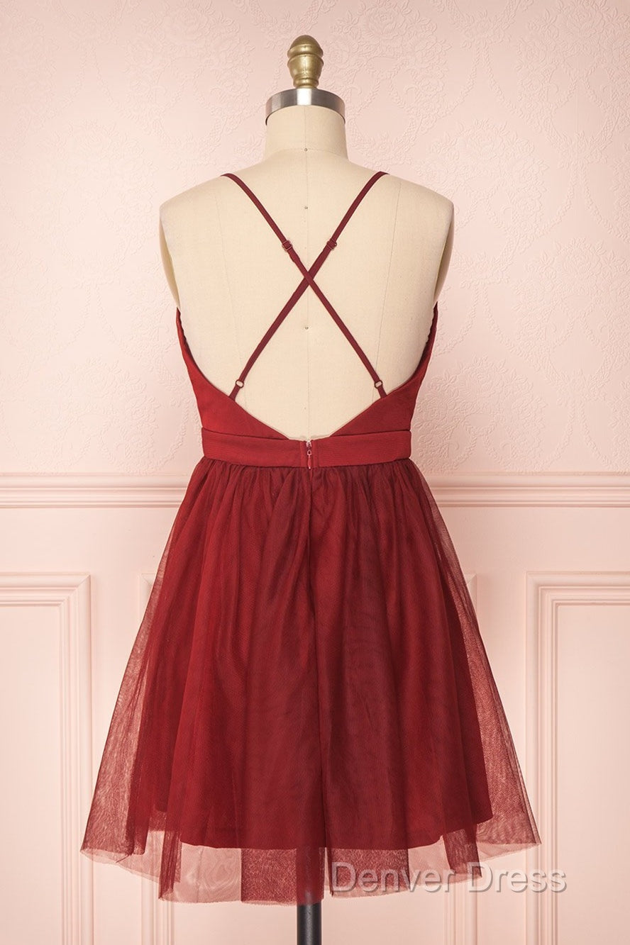 A Line V Neck Short Red/Burgundy Tulle Prom Dress, Short Red/Burgundy Graduation Homecoming Dresses