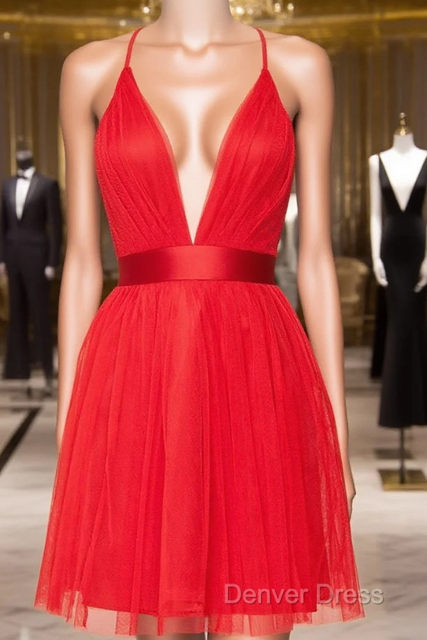 A Line V Neck Short Red/Burgundy Tulle Prom Dresses, Short Red/Burgundy Graduation Homecoming Dresses Main image