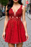 A Line V Neck Short Red Lace Prom Dresses, Red Lace Formal Graduation Homecoming Dresses