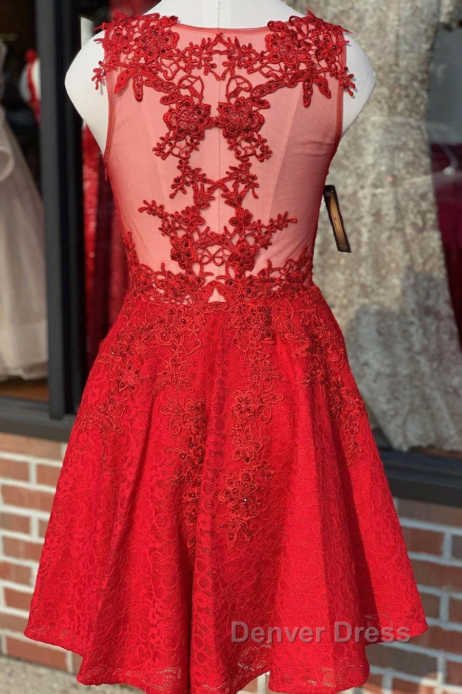 A Line V Neck Short Red Lace Prom Dresses, Red Lace Formal Graduation Homecoming Dresses