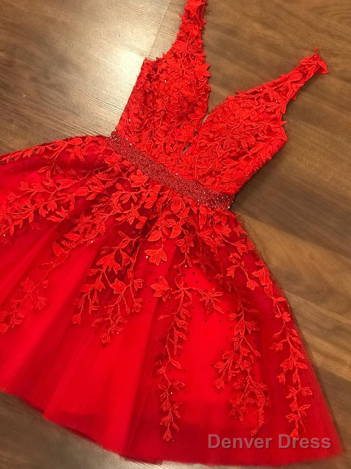A Line V Neck Short Red Lace Prom Dresses, Short Red Lace Formal Graduation Homecoming Dresses Main image