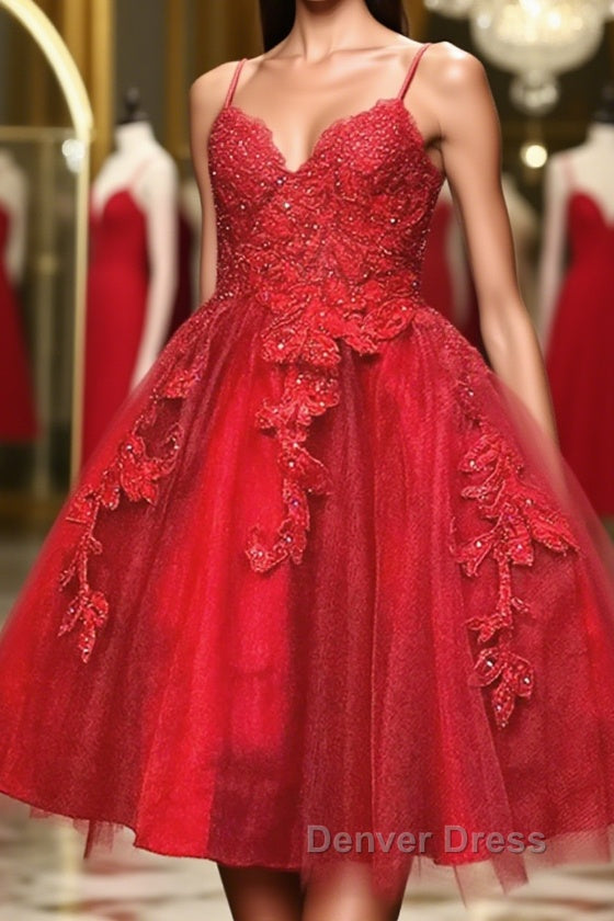 A Line V Neck Short Red Lace Prom Dresses, Short Red Lace Formal Homecoming Dresses Main image
