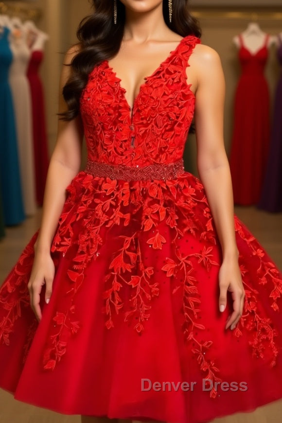 A Line V Neck Short Red Lace Prom Dresses, Short Red Lace Formal Homecoming Dresses Main image
