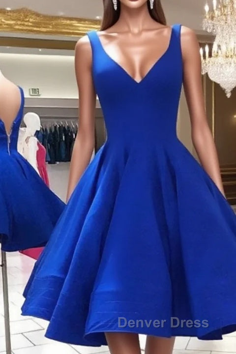 A Line V Neck Short Royal Blue Prom Dress, Short Royal Blue Prom Homecoming Dresses