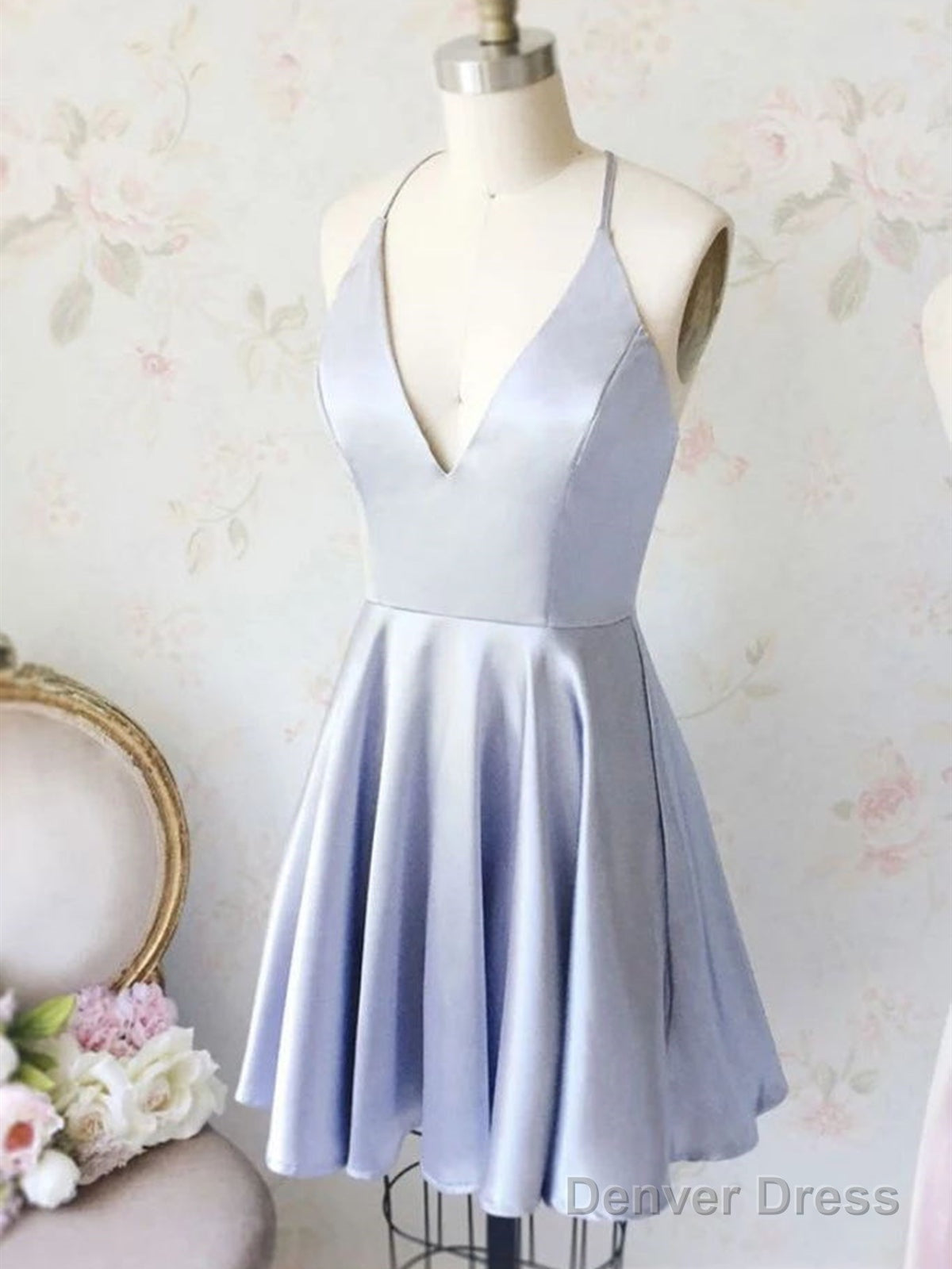 A Line V Neck Short Silver Gray Prom Dresses, Short Silver Gray Homecoming Graduation Dresses Main image