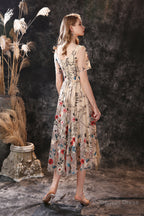 A Line V Neck Short Sleeve Embroidery Tulle Tea Length Short Homecoming Dresses