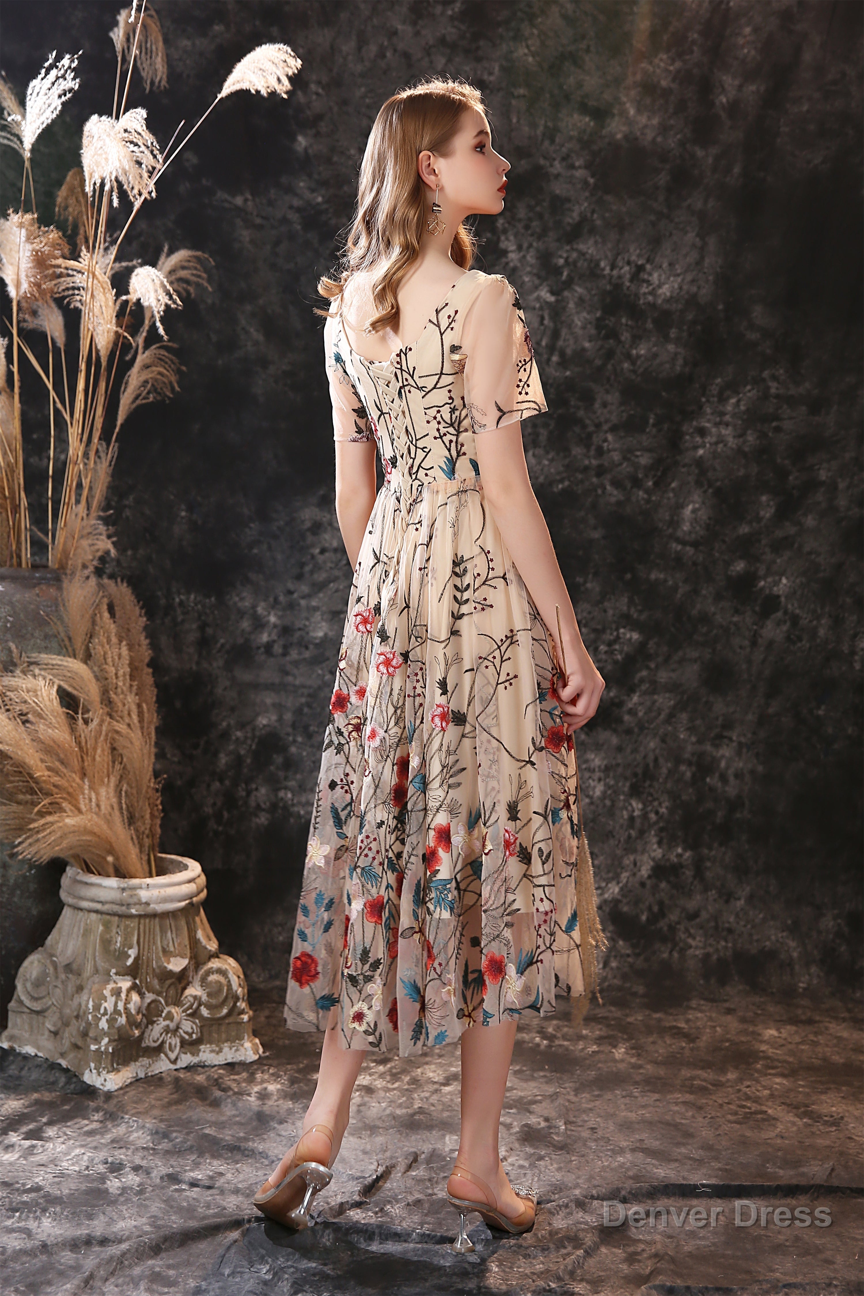 A Line V Neck Short Sleeve Embroidery Tulle Tea Length Short Homecoming Dresses
