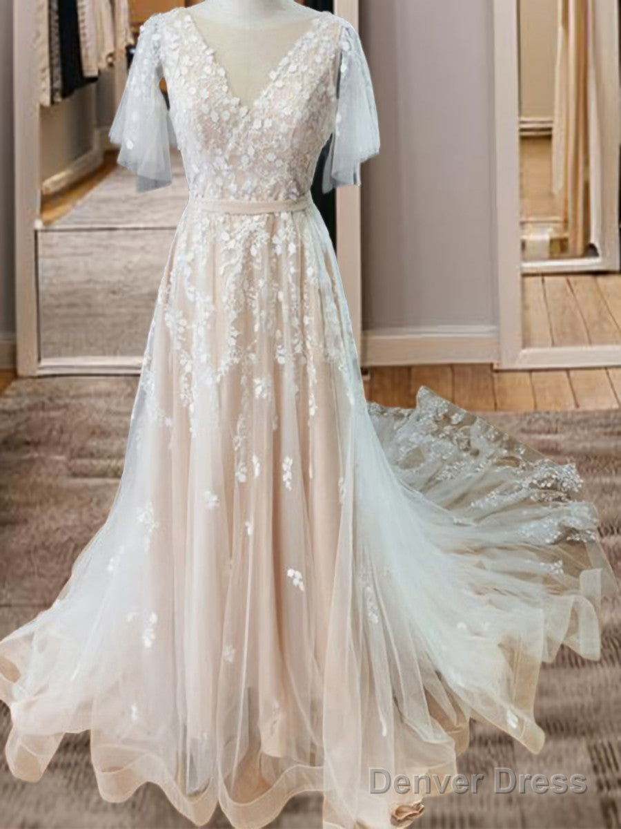 A-Line V-Neck Short Sleeves Appliques Lace Sweep Train Tulle Wedding Dresses
