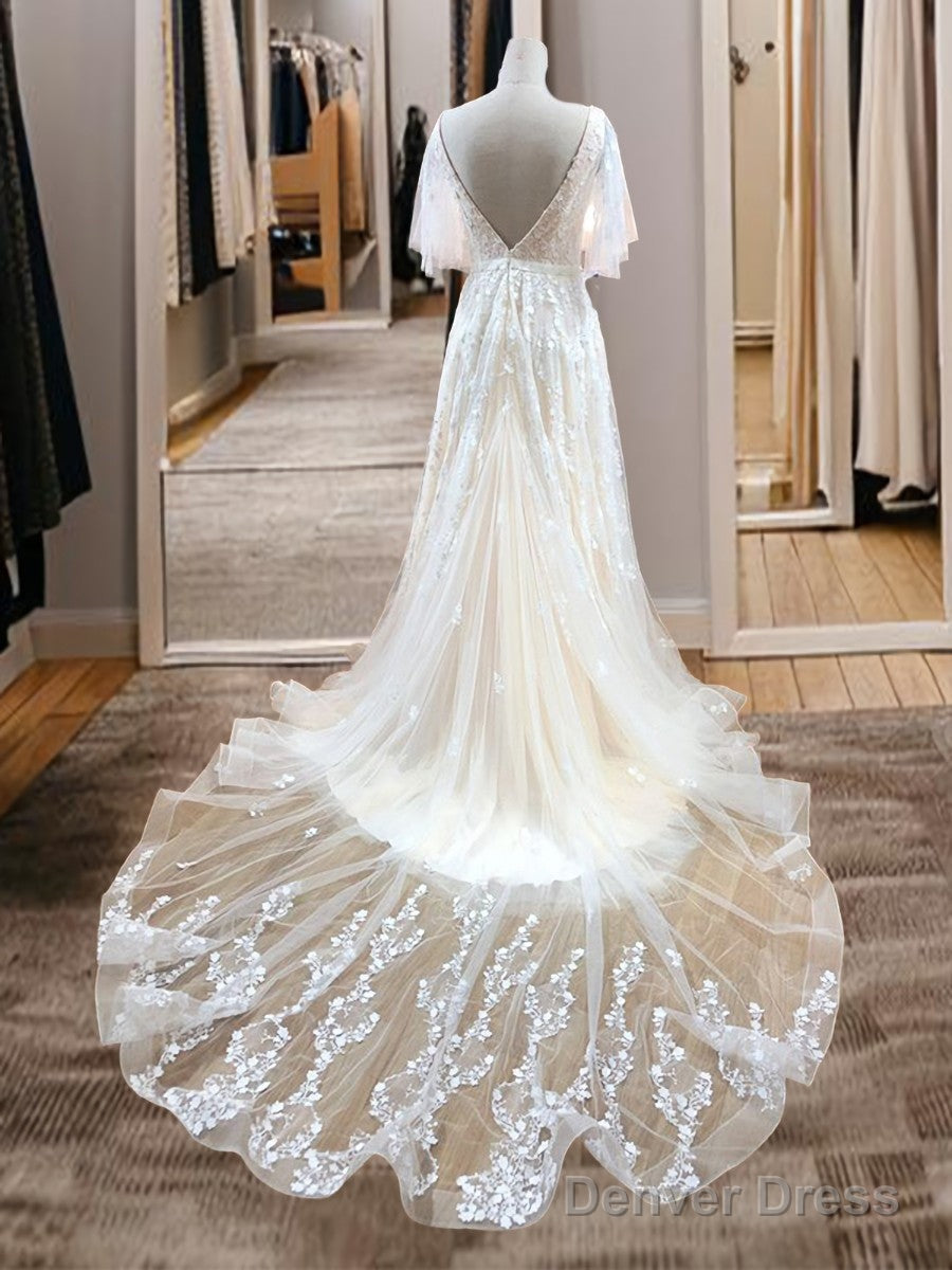 A-Line V-Neck Short Sleeves Appliques Lace Sweep Train Tulle Wedding Dresses