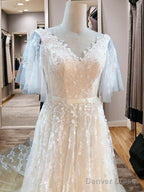 A-Line V-Neck Short Sleeves Appliques Lace Sweep Train Tulle Wedding Dresses