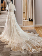 A Line V Neck Short Sleeves Appliques Lace Sweep Train Tulle Wedding Dresses