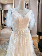 A-line V-neck Short Sleeves Appliques Lace Sweep Train Tulle Wedding Dress