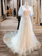 A-Line V-Neck Short Sleeves Appliques Lace Sweep Train Tulle Wedding Dresses