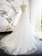 A Line V Neck Short Sleeves Hand Made Flower Court Train Tulle Wedding Dresses