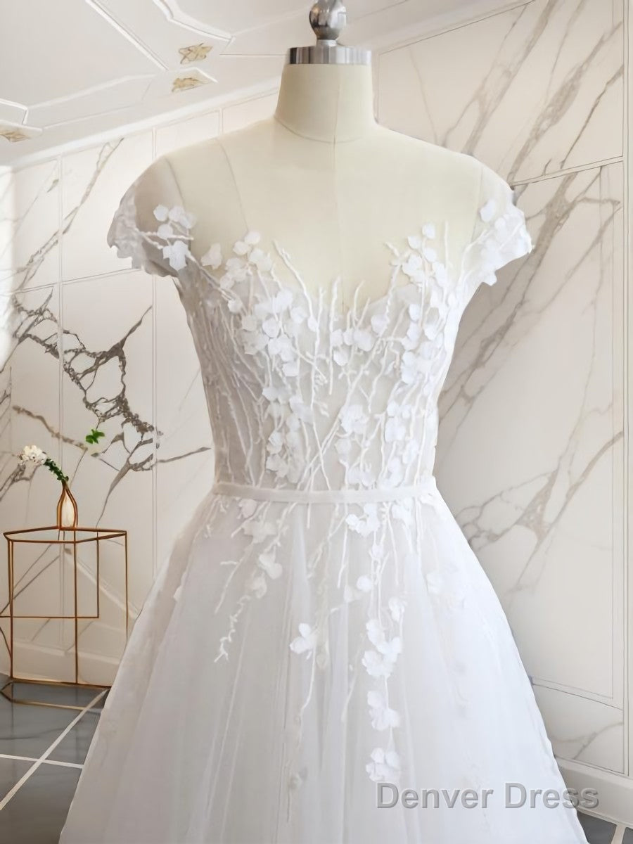 A-Line V-Neck Short Sleeves Hand-Made Flower Court Train Tulle Wedding Dress Main image