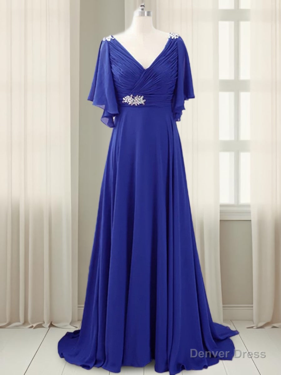 A-line V-neck Short Sleeves Pleated Sweep Train Chiffon Mother of the Bride Dress Main image