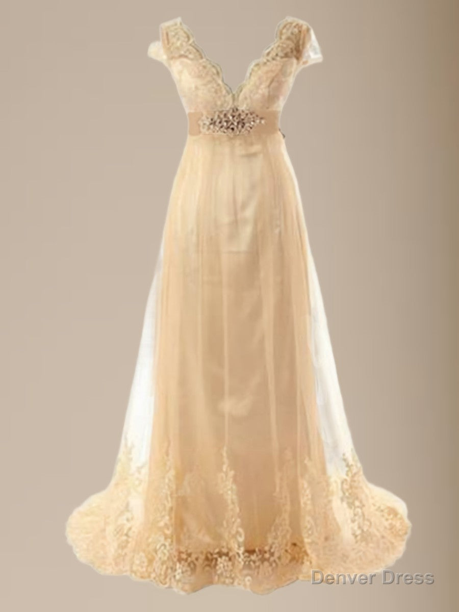 A Line V Neck Short Sleeves Sash Ribbon Belt Sweep Train Tulle Wedding Dresses Main image