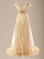 A Line V Neck Short Sleeves Sash Ribbon Belt Sweep Train Tulle Wedding Dresses