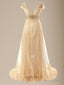 A Line V Neck Short Sleeves Sash Ribbon Belt Sweep Train Tulle Wedding Dresses