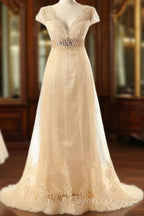A-Line V-Neck Short Sleeves Sash/Ribbon/Belt Sweep Train Tulle Wedding Dresses