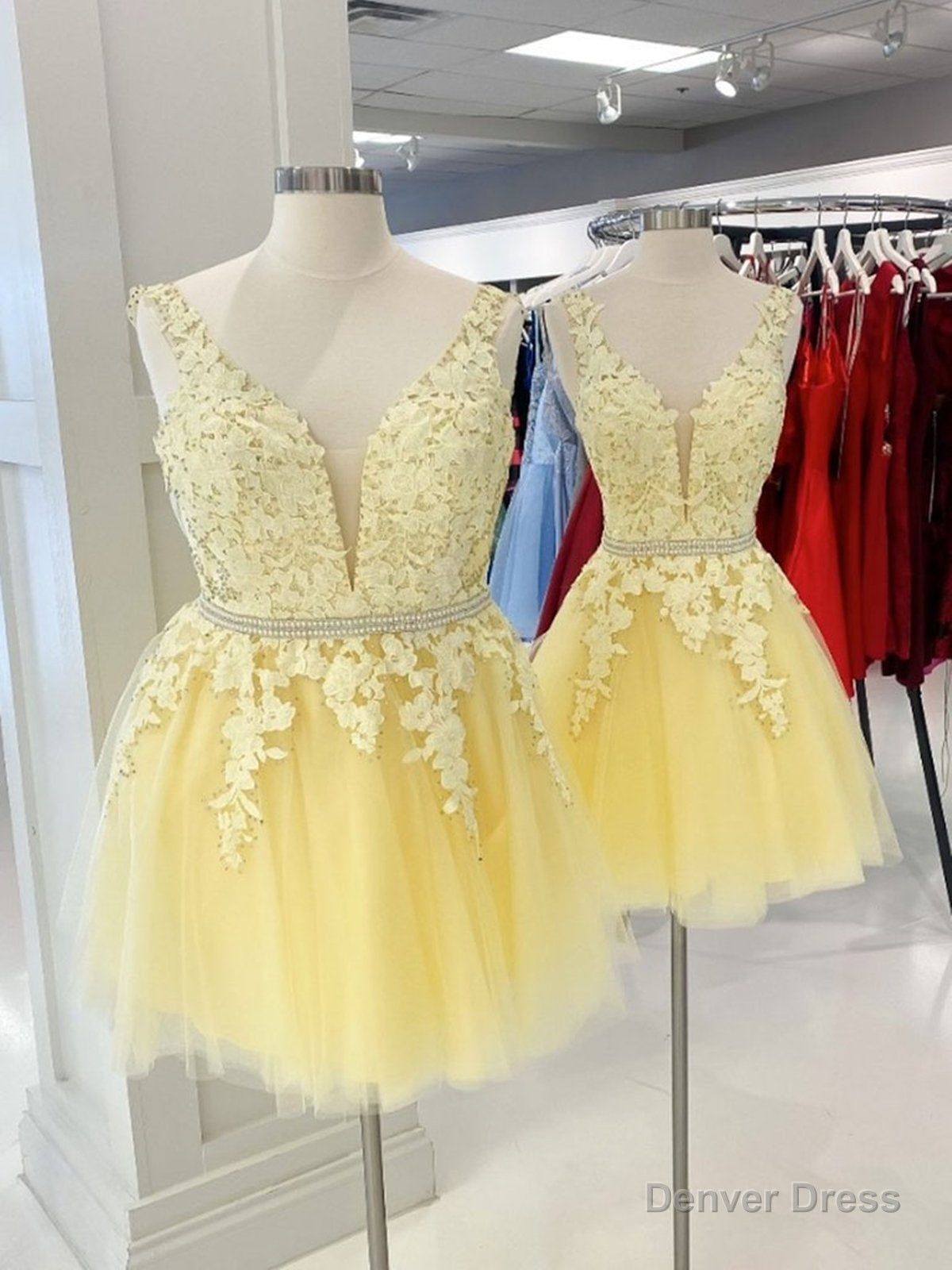 A Line V Neck Short Yellow Lace Prom Dresses, Short Yellow Lace Graduation Homecoming Dresses Main image