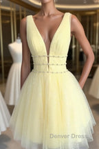 A Line V Neck Short Yellow Prom Dress, Short V Neck Yellow Prom Homecoming Dresses