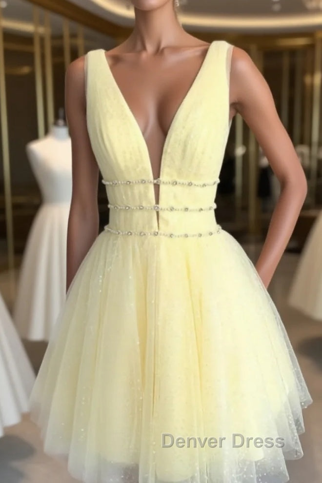 A Line V Neck Short Yellow Prom Dress, Short V Neck Yellow Prom Homecoming Dresses