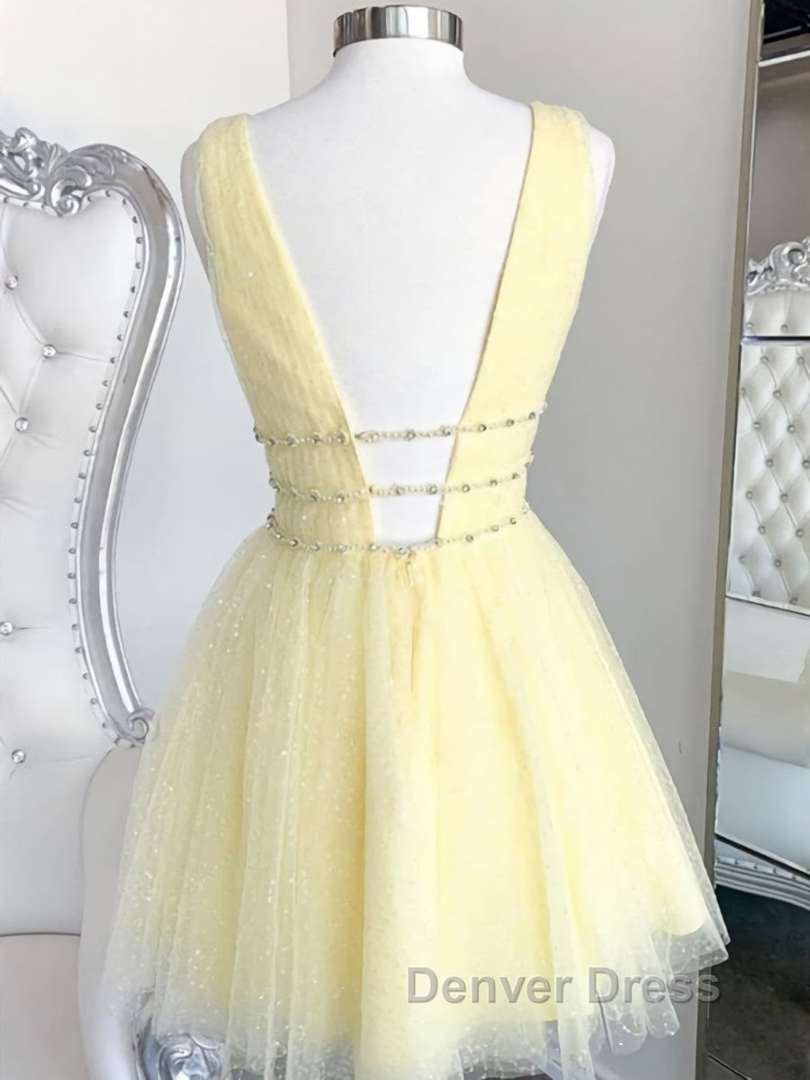 A Line V Neck Short Yellow Prom Dress, Short V Neck Yellow Prom Homecoming Dresses Secondary image