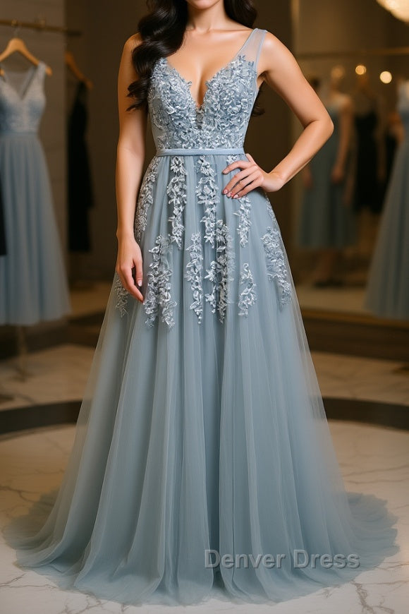 A Line V Neck Silver Gray Lace Prom Dress, Grey Lace Prom Dresses