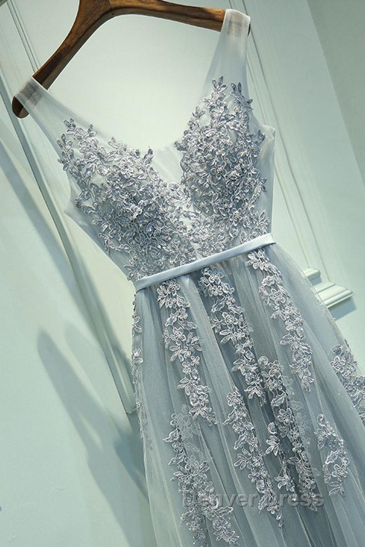 A Line V Neck Silver Gray Lace Prom Dress, Grey Lace Prom Dresses Secondary image