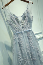 A Line V Neck Silver Gray Lace Prom Dress, Grey Lace Prom Dresses