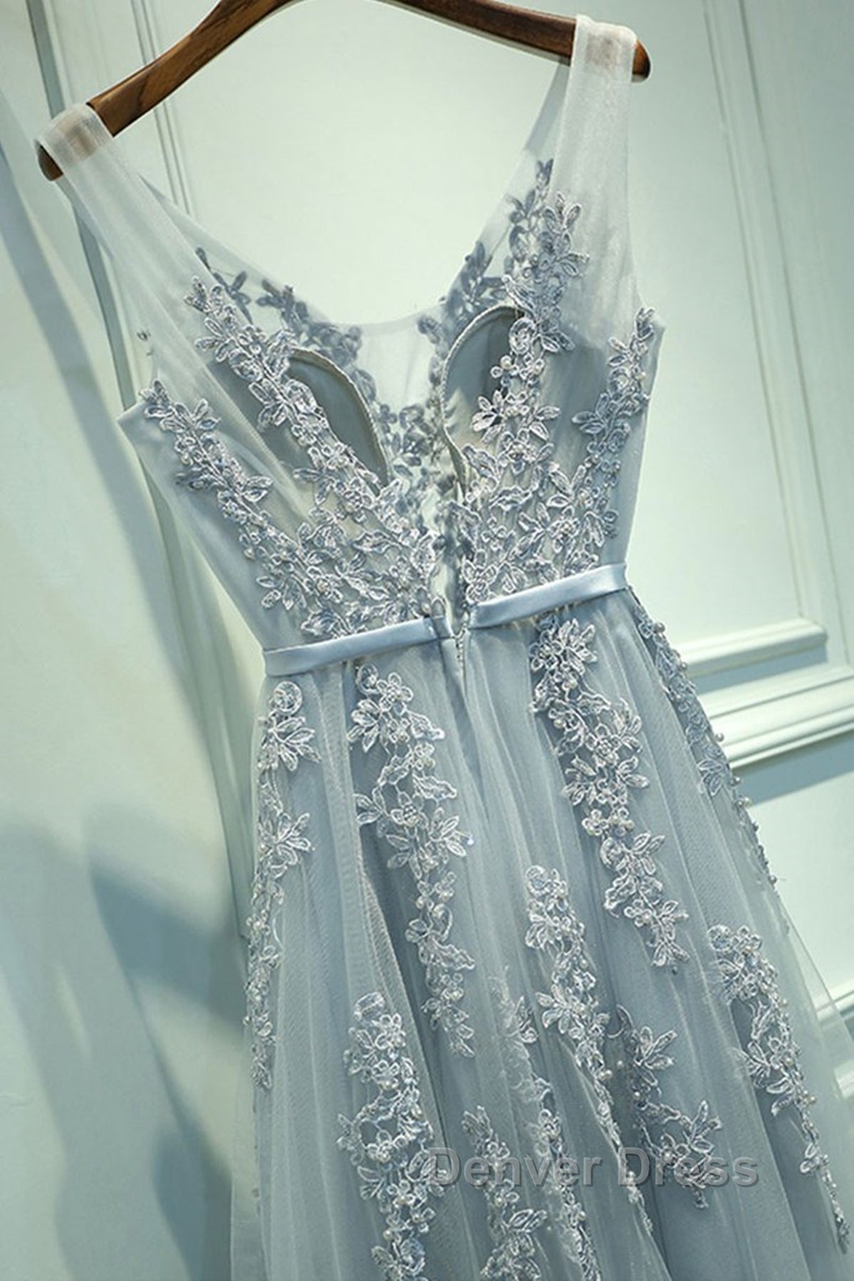 A Line V Neck Silver Gray Lace Prom Dress, Grey Lace Prom Dresses