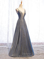 A Line V Neck Silver Gray Long Prom Dress, Gray Long Prom Dresses