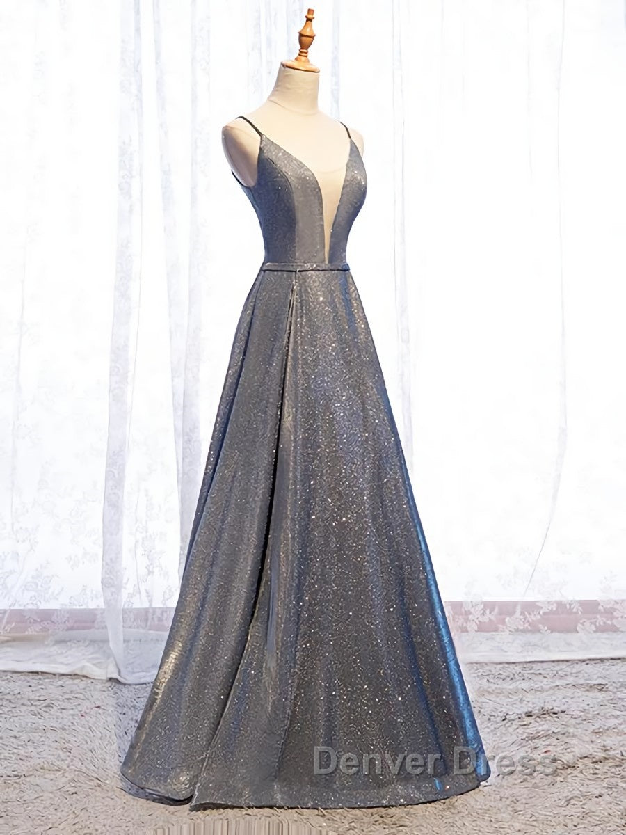 A Line V Neck Silver Gray Long Prom Dress, Gray Long Prom Dresses
