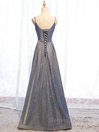 A Line V Neck Silver Gray Long Prom Dress, Gray Long Prom Dresses