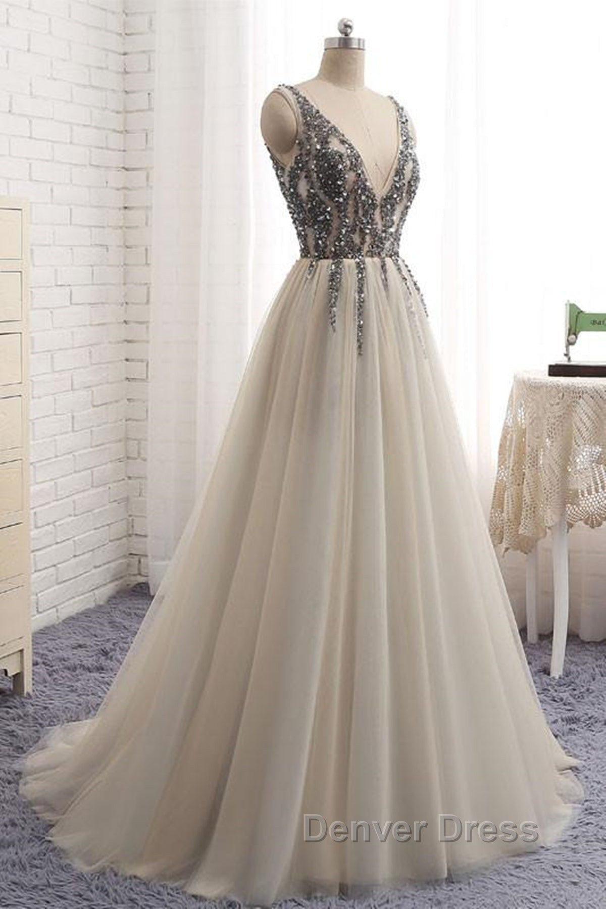 A Line V Neck Silver Gray Long Prom Dress, Silver Grey Beaded Long Prom Dresses Secondary image
