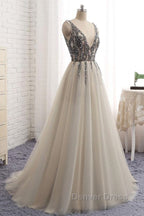 A Line V Neck Silver Gray Long Prom Dress, Silver Grey Beaded Long Prom Dresses