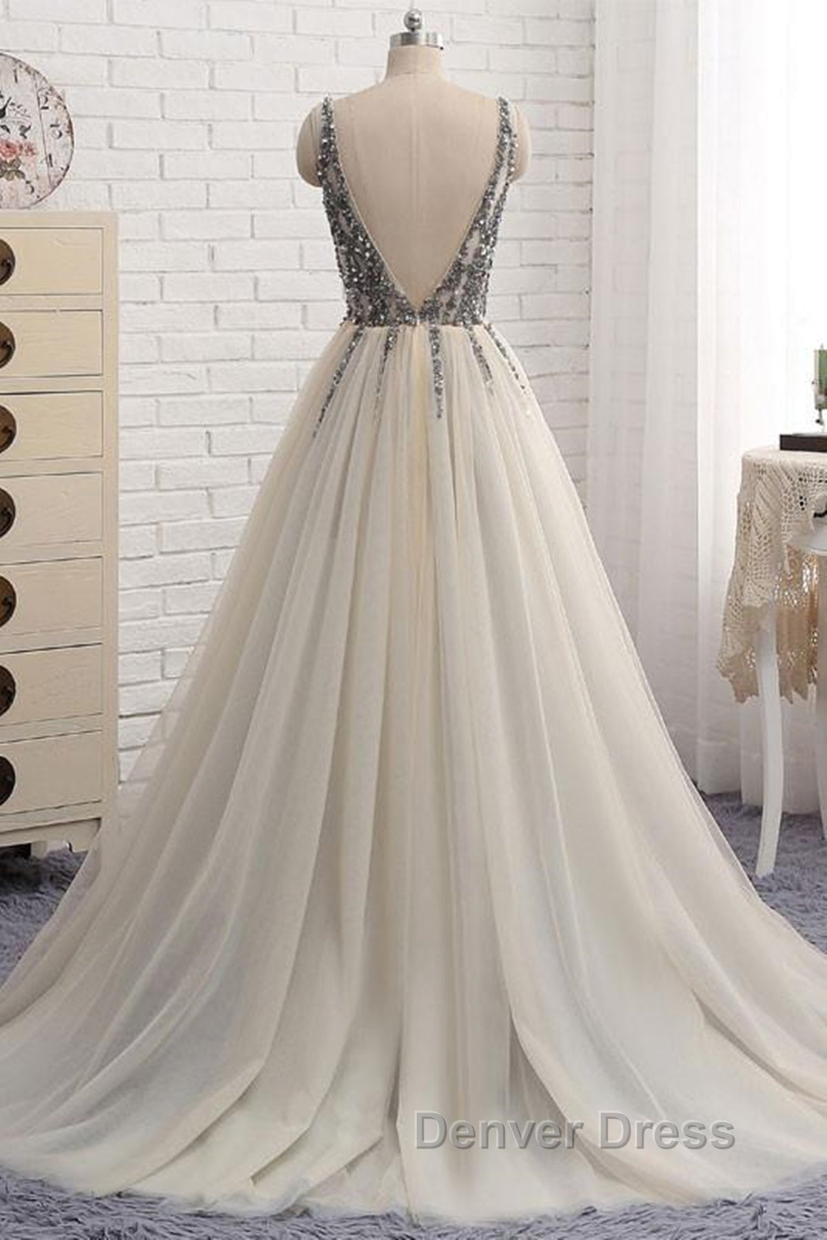 A Line V Neck Silver Gray Long Prom Dress, Silver Grey Beaded Long Prom Dresses