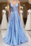A Line V Neck Sky Blue Lace Prom Dress, Light Blue Lace Prom Dresses