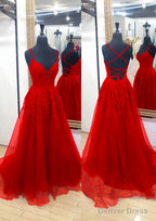 A Line V Neck Sleeveless Chapel Train Tulle Prom Dresses With Appliqued Lace