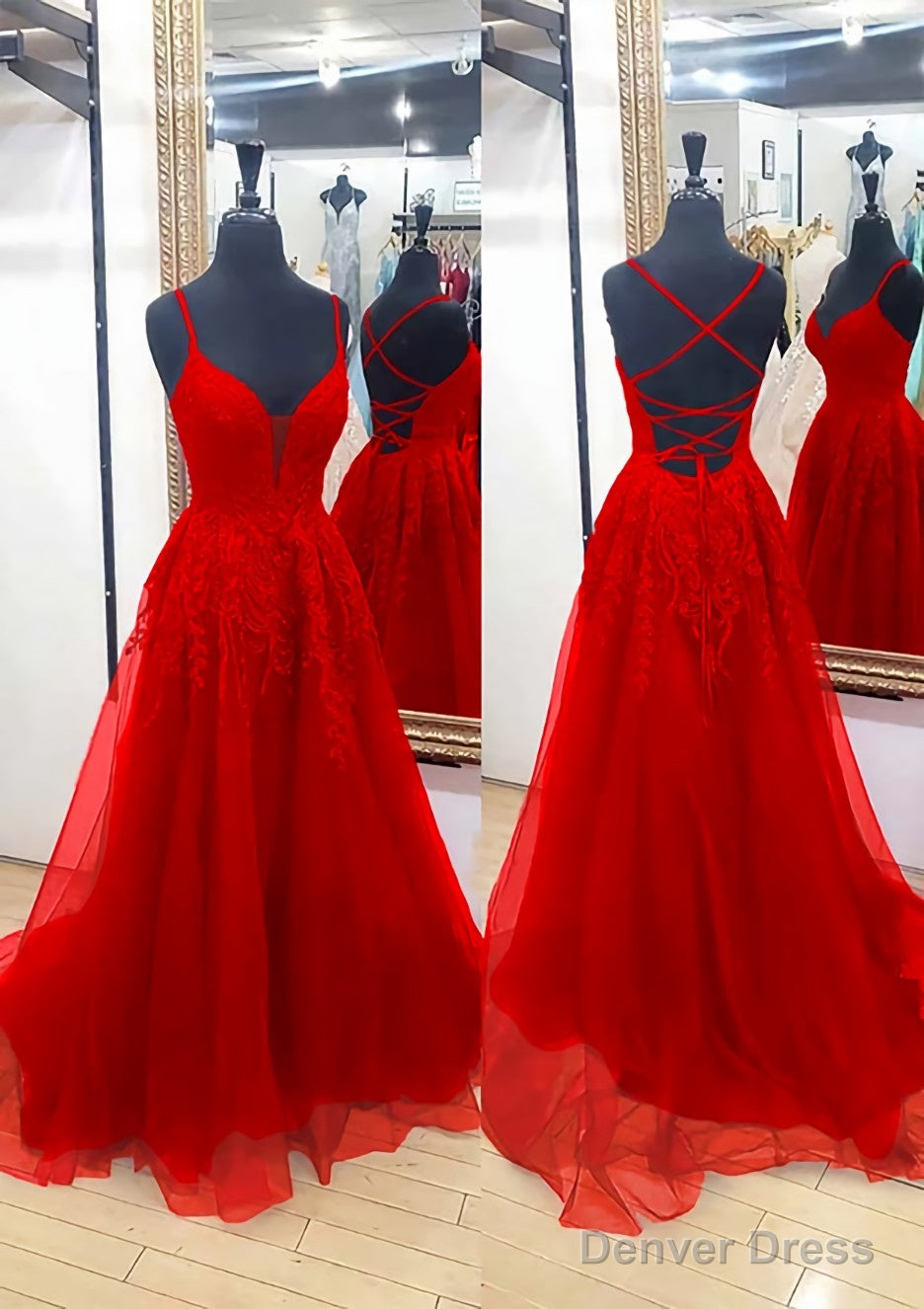 A Line V Neck Sleeveless Chapel Train Tulle Prom Dresses With Appliqued Lace
