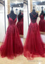 A Line V Neck Sleeveless Chapel Train Tulle Prom Dresses With Appliqued Lace